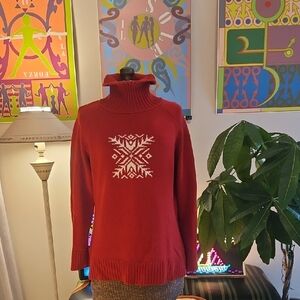 Vintage Y2K Coldwater Creek Red Turtleneck Sweater Snowflake Women's Sz L 14-16